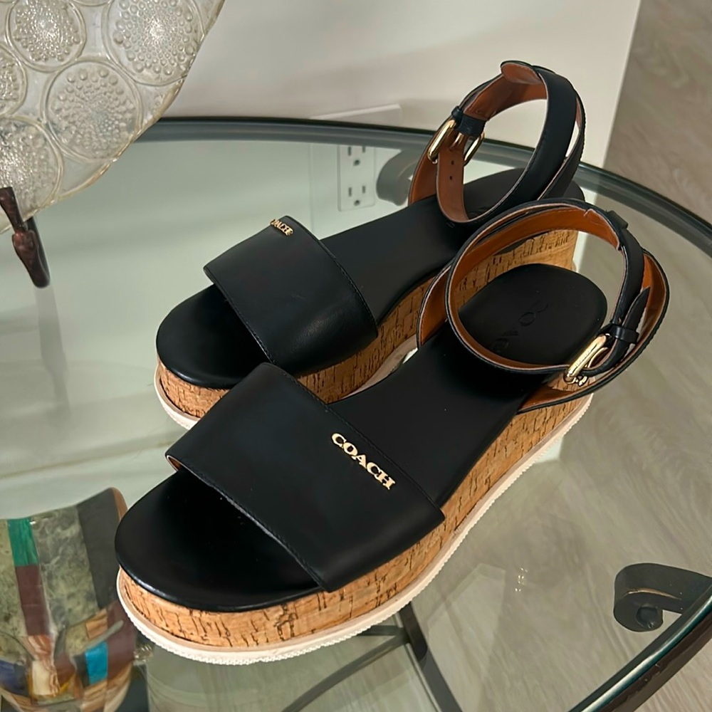 Coach Black Leather Cork Platform Sandals